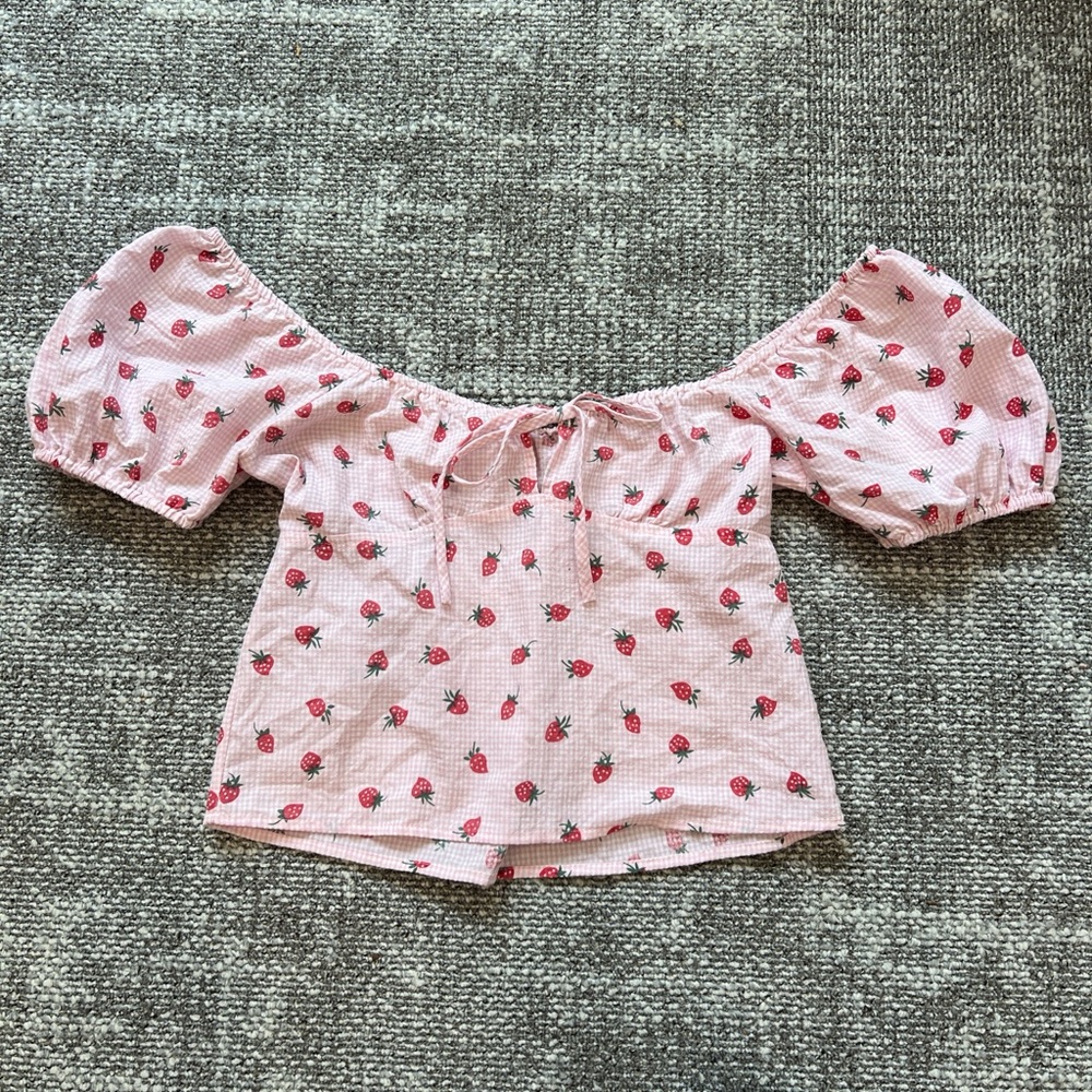 miami Pink Strawberry-Print Off-Shoulder Tie-Front Puff Sleeve Top